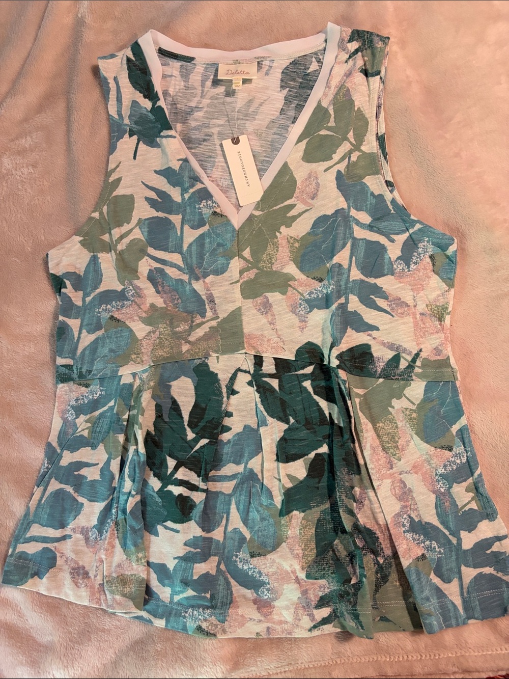 Deletta Blue and Green Leaf Print V-Neck Tank
